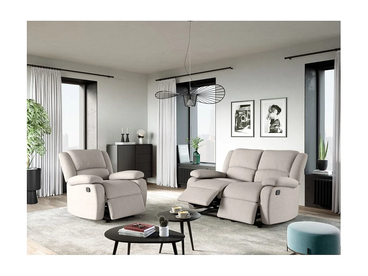 Fauteuil Relaxation manuel Léo en Tissu - Beige - L88 x P93 x H96cm - Loungitude