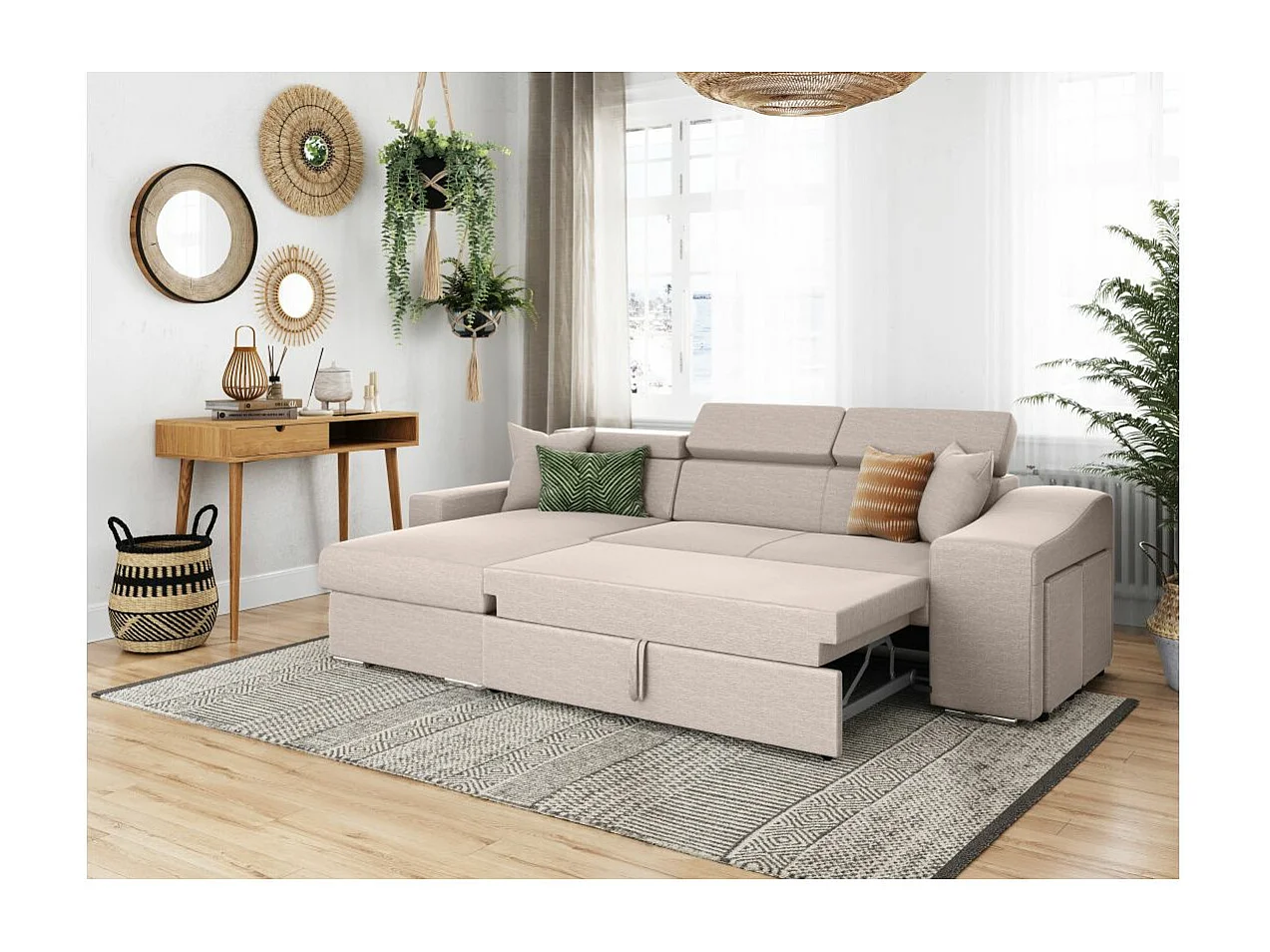 Canapé d'angle Gauche Elona Convertible en Tissu - Beige - L264 x P162 x H75cm - Loungitude