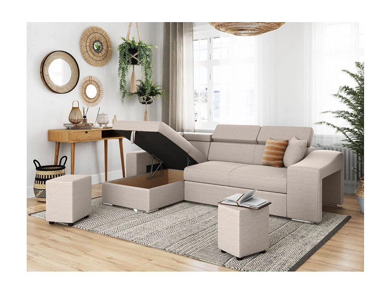 Canapé d'angle Gauche Elona Convertible en Tissu - Beige - L264 x P162 x H75cm - Loungitude