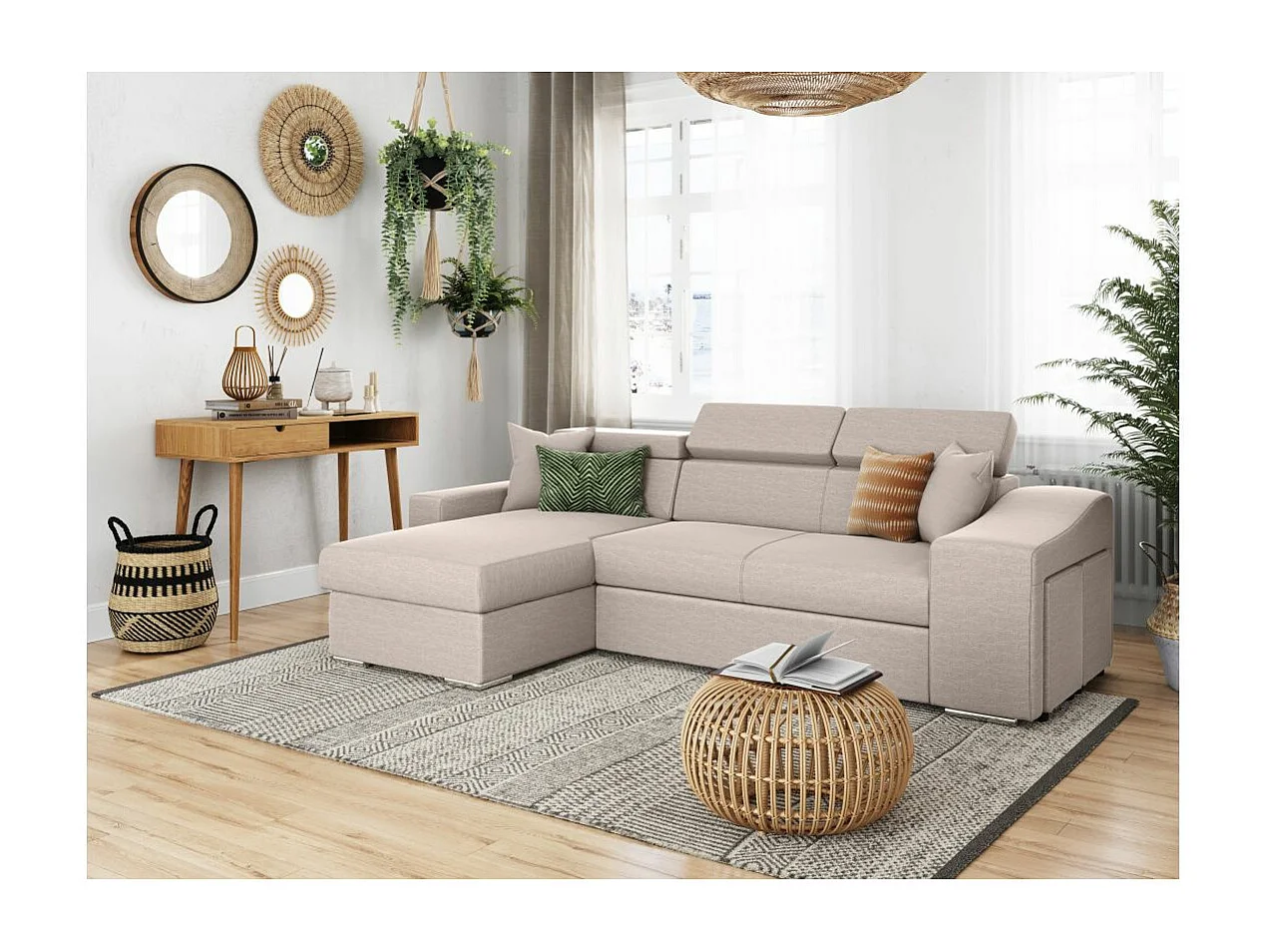 Canapé d'angle Gauche Elona Convertible en Tissu - Beige - L264 x P162 x H75cm - Loungitude