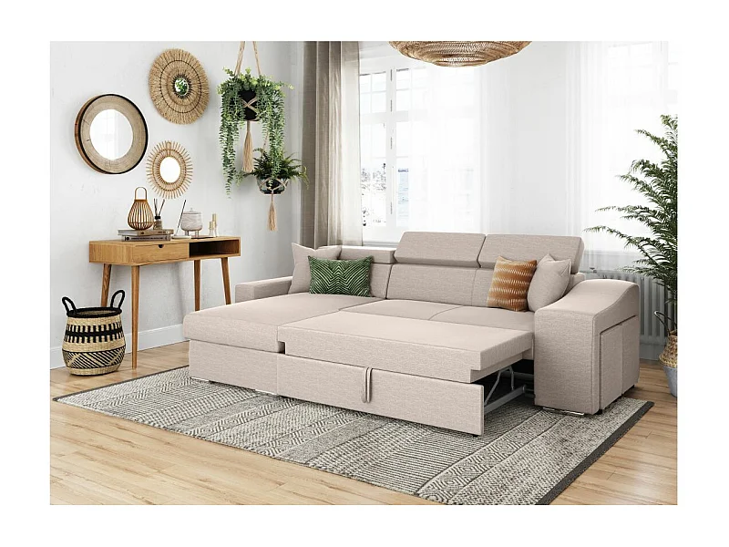 Canapé d'angle Gauche Elona convertible en Tissu - Beige - L264 x P162 x H75cm - Loungitude