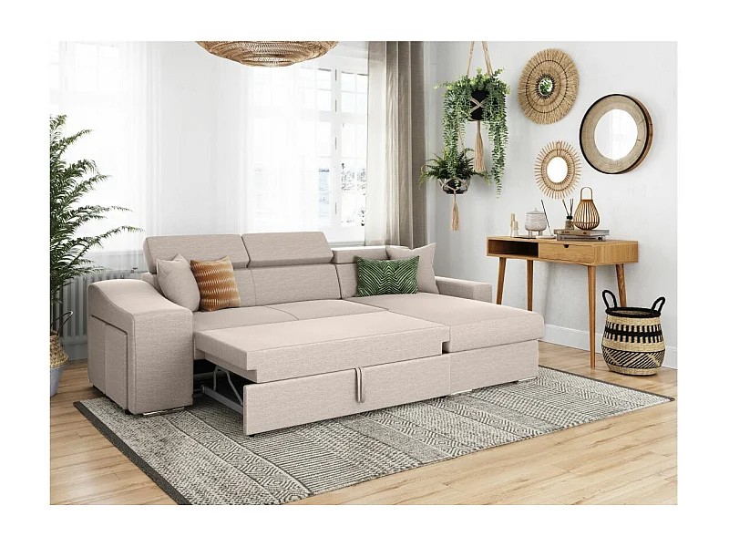 Canapé d'angle Droit Elona Convertible en Tissu - Beige - L264 x P162 x H75cm - Loungitude