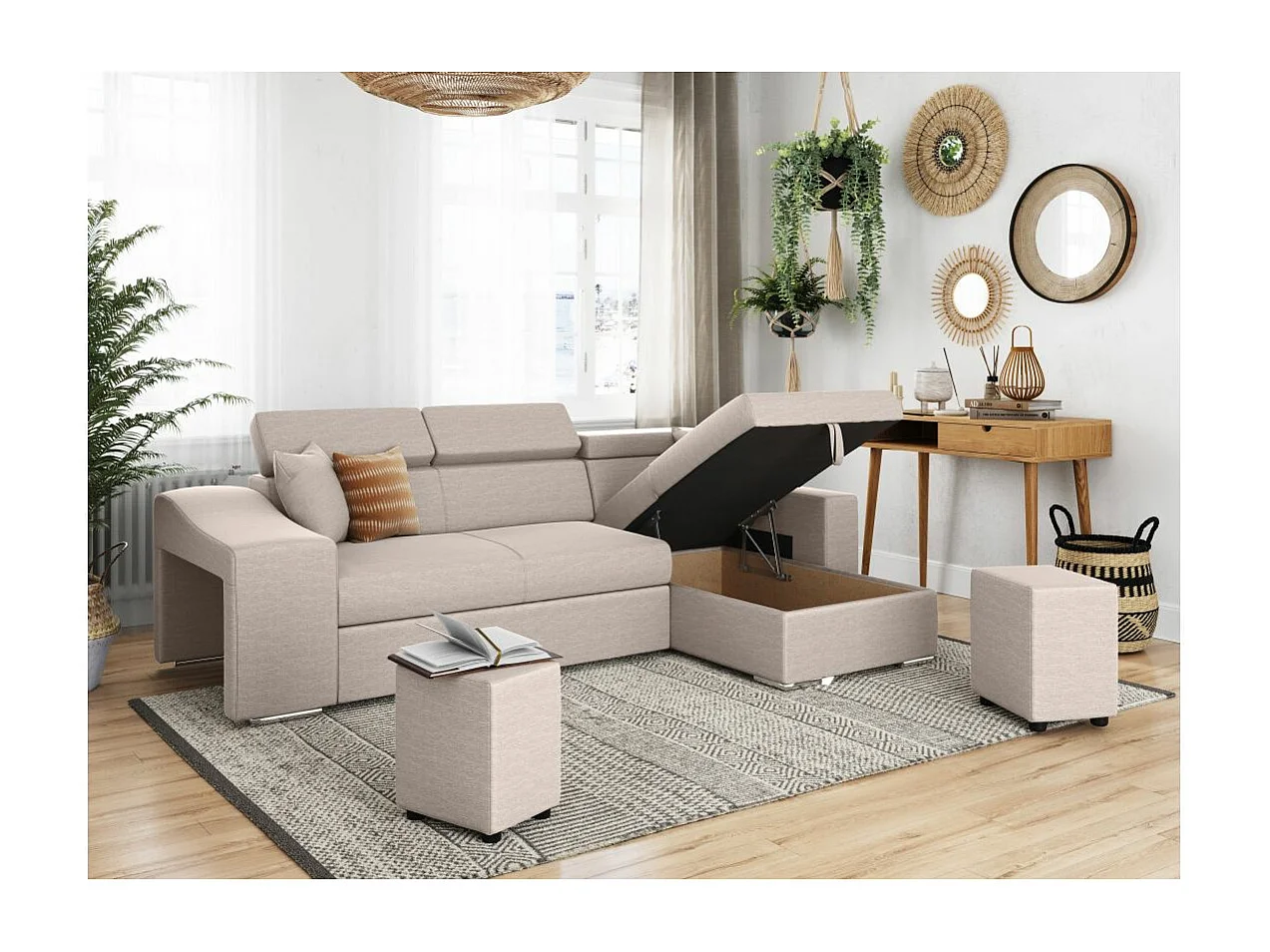 Canapé d'angle Droit Elona Convertible en Tissu - Beige - L264 x P162 x H75cm - Loungitude