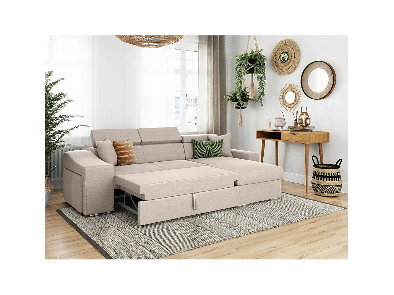 Canapé d'angle Droit Elona Convertible en Tissu - Beige - L264 x P162 x H75cm - Loungitude