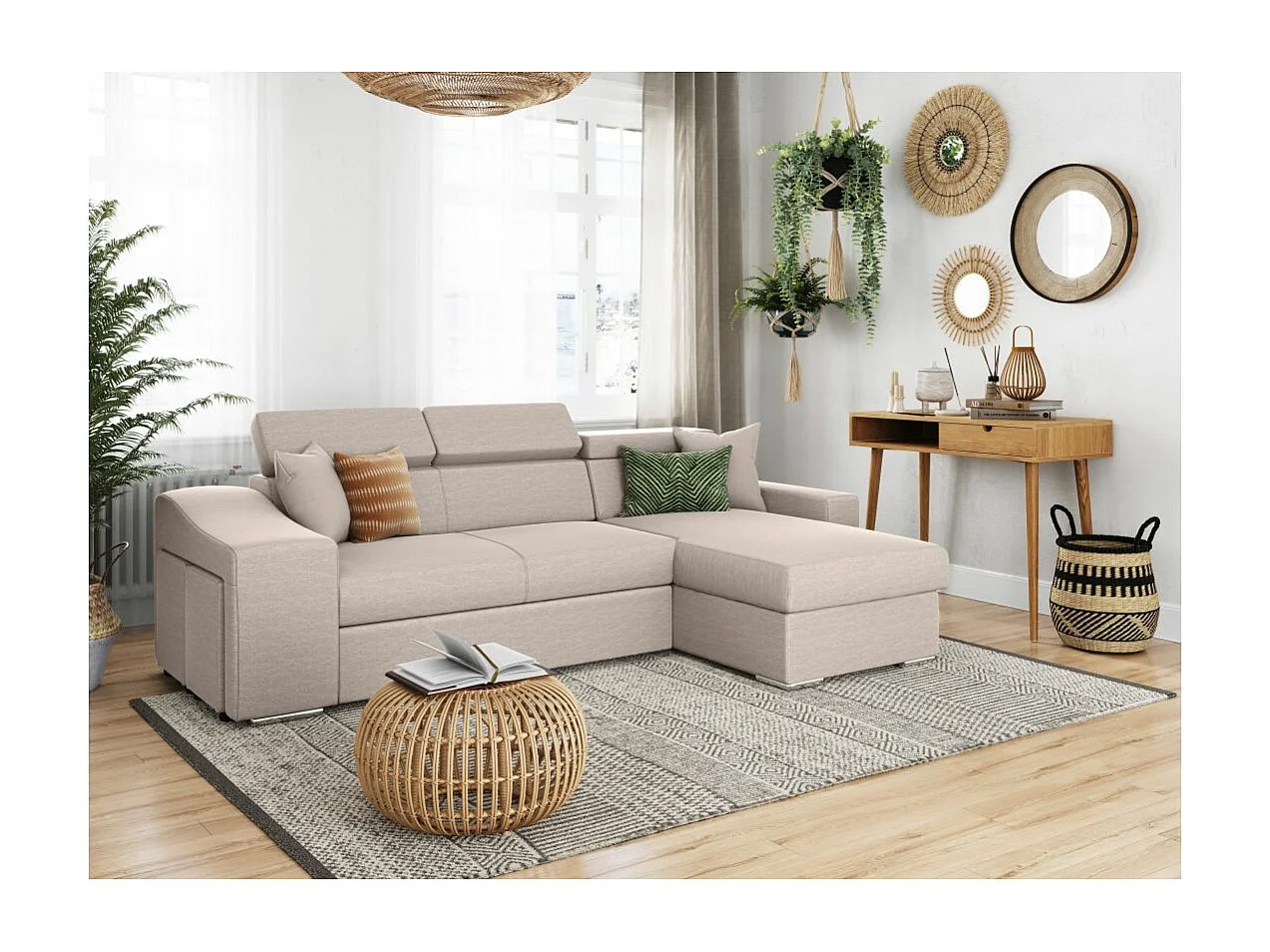 Canapé d'angle Droit Elona convertible en Tissu - Beige - L264 x P162 x H75cm - Loungitude