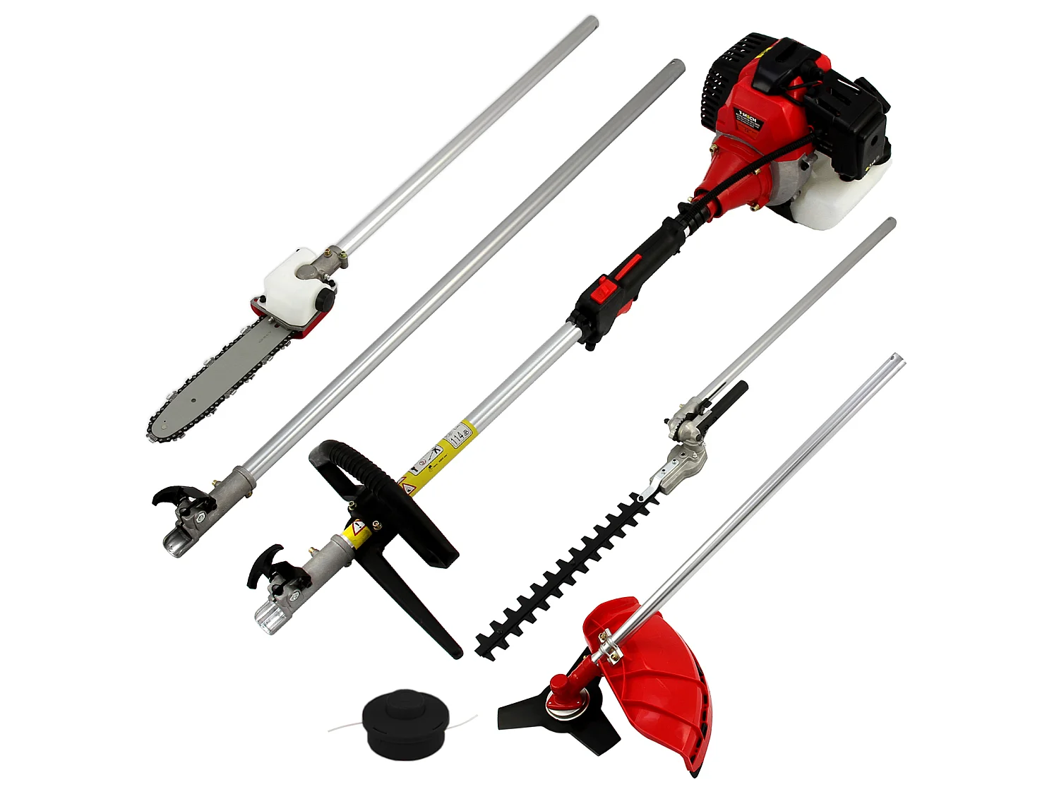 Multiutensile 5 in 1 con tagliasiepi, motosega, tagliaerba, decespugliatore e prolunga da 100 cm. Motore a benzina a 2 tempi da 52 cc, Attrezzatura di sicurezza