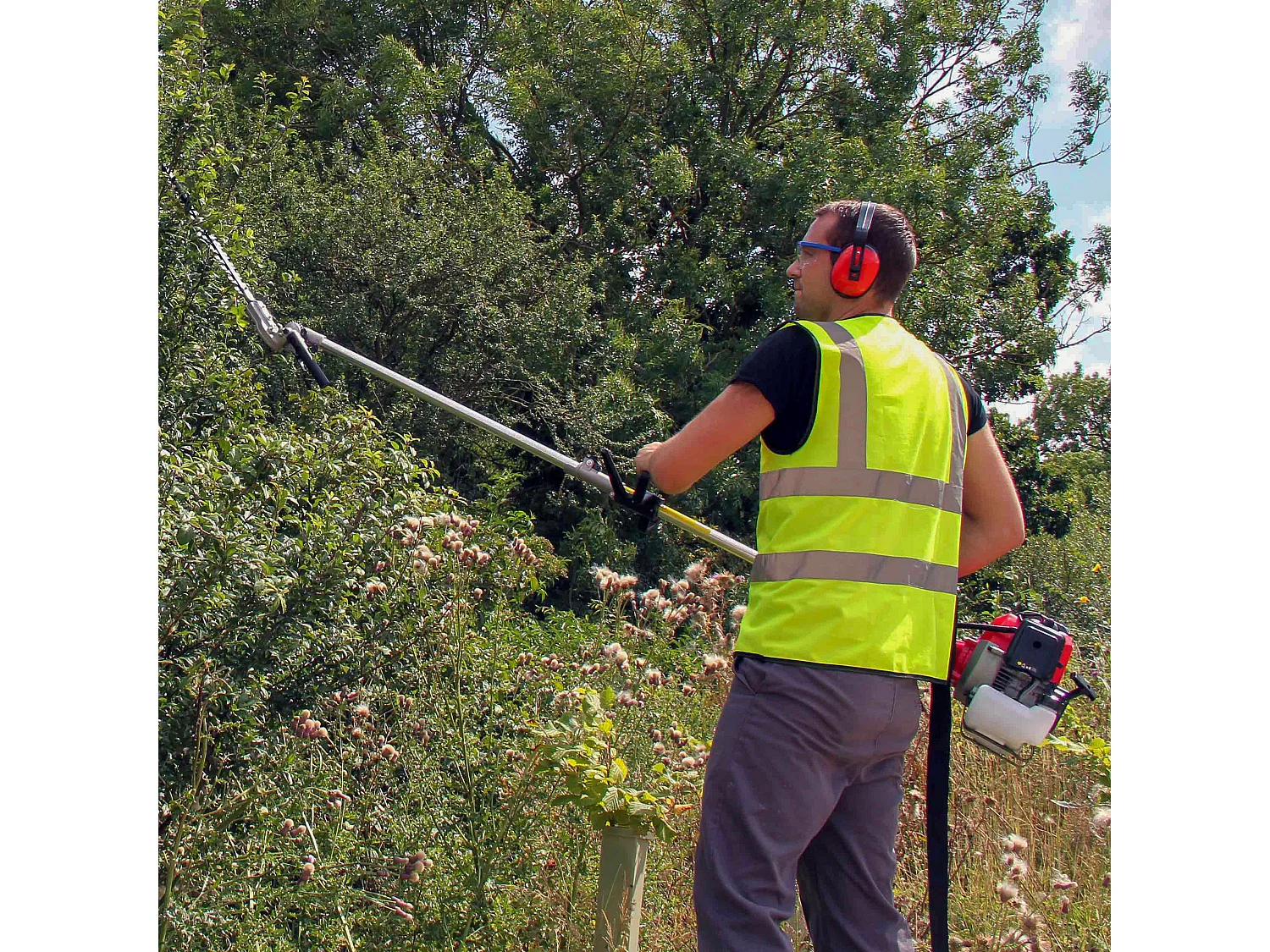 Multiutensile 5 in 1 con tagliasiepi, motosega, tagliaerba, decespugliatore e prolunga da 100 cm. Motore a benzina a 2 tempi da 52 cc, Attrezzatura di sicurezza