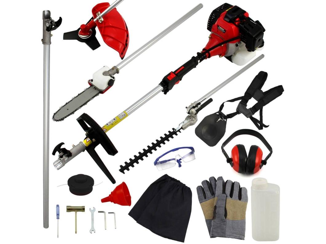Multiherramienta 5 en 1 Sin Cables Largo Alcance Multifunción Cortasetos Bordeadora Motosierra Podadora Cortacésped Desbrozadora Poste Extensión Cuidado de Jardín Motor 2 Tiempos 52cc 3CV 9000RPM+EPI