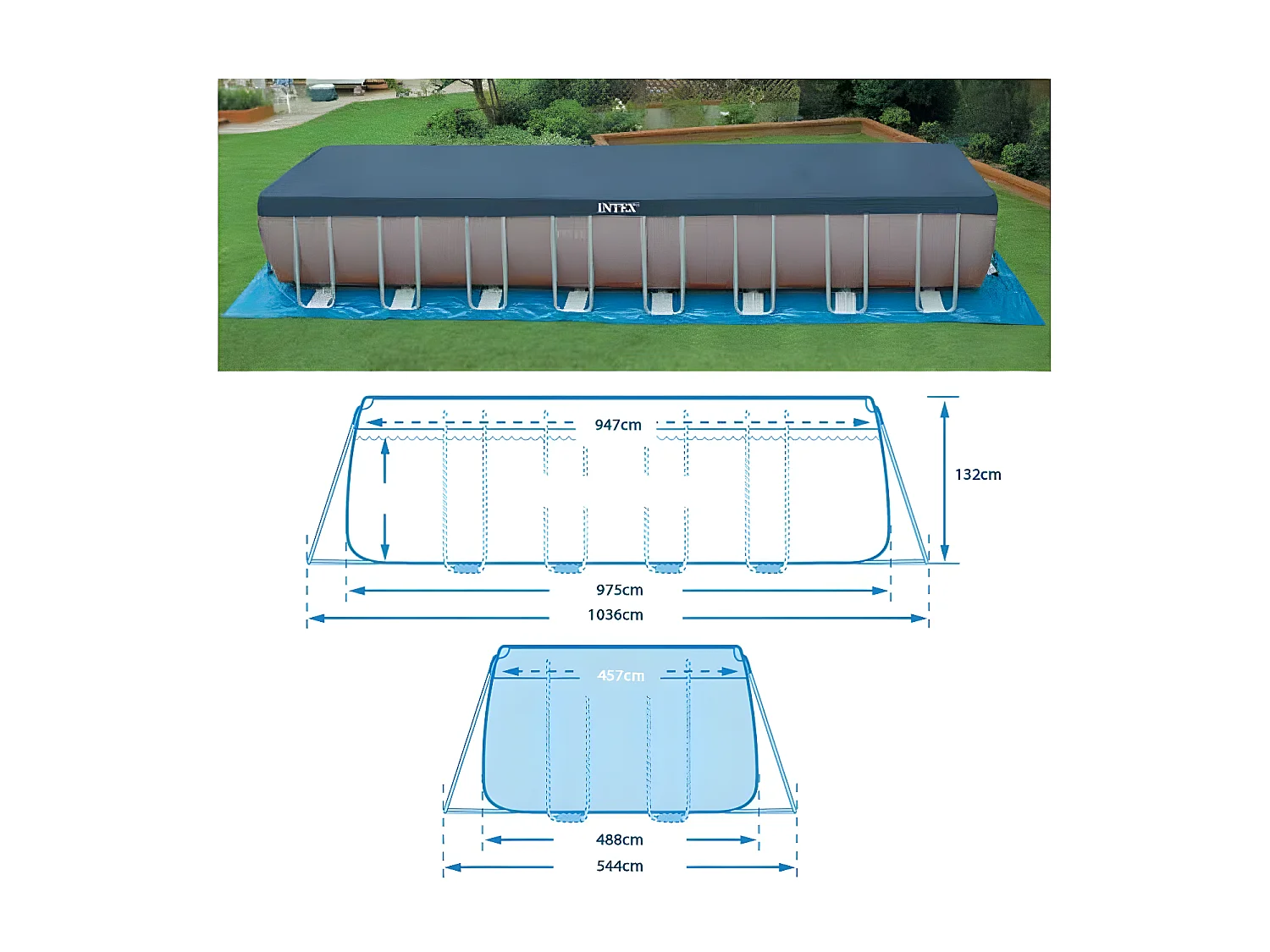 Piscina de jardín 975x488x132 cm con bomba, escalera y accesorios