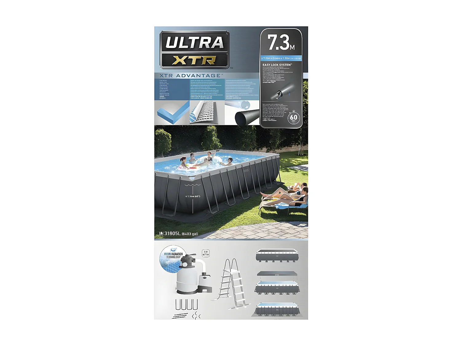 Piscina elevada 732x366x132 cm com bomba, escada e acessórios