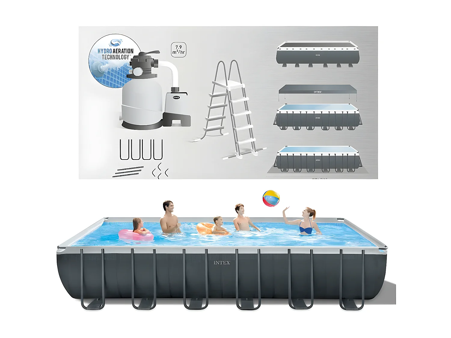 Piscina elevada 732x366x132 cm com bomba, escada e acessórios