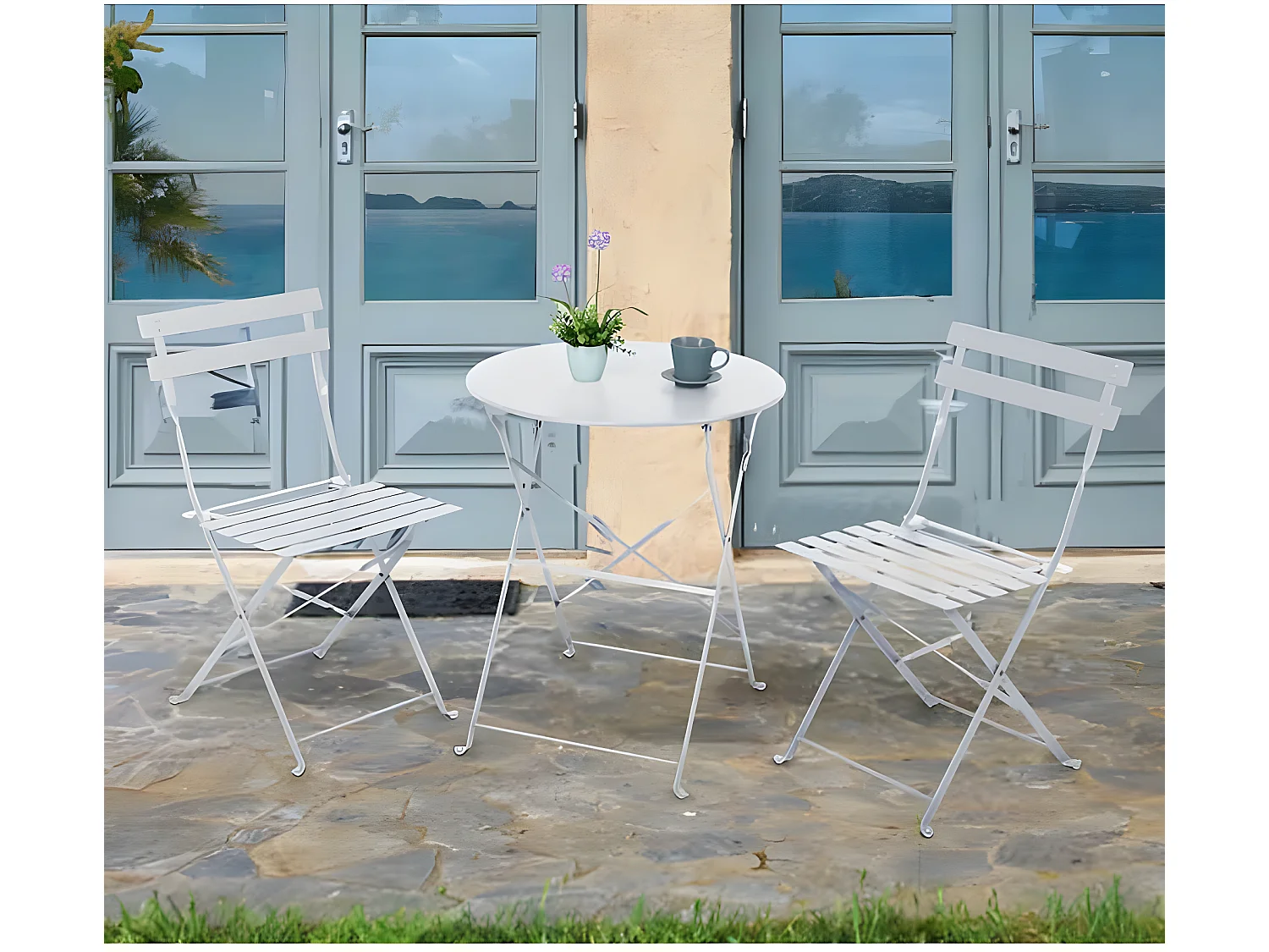 Estosa - Set tavolino e sedie da esterni in acciaio richiudibili Dalia bianco