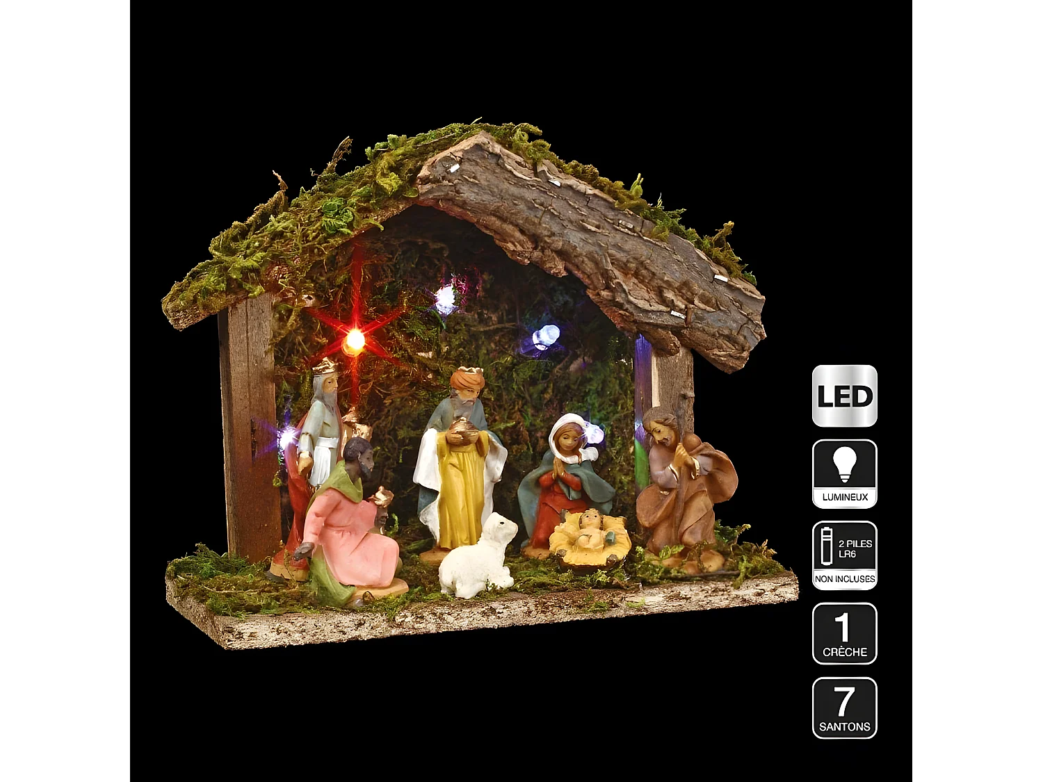 Crèche de Noël Lumineuse "7 Santons" 18cm Multicolore