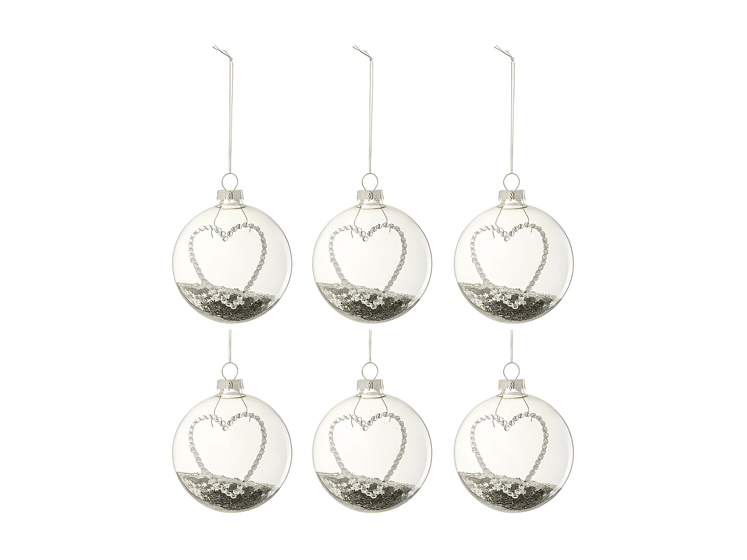 Lot de 6 Boules de Noël "Cœur Strass" 8cm Argent