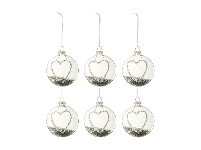 Lot de 6 Boules de Noël "Cœur Strass" 8cm Argent