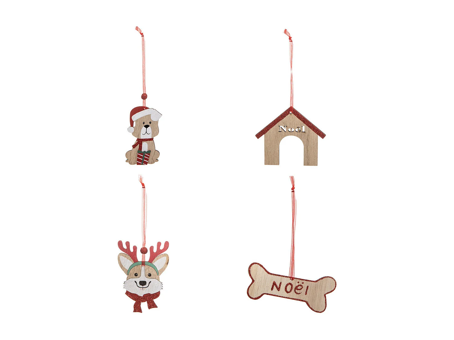 Lot de 4 Sujets de Noël "Chien" 12cm Beige & Rouge