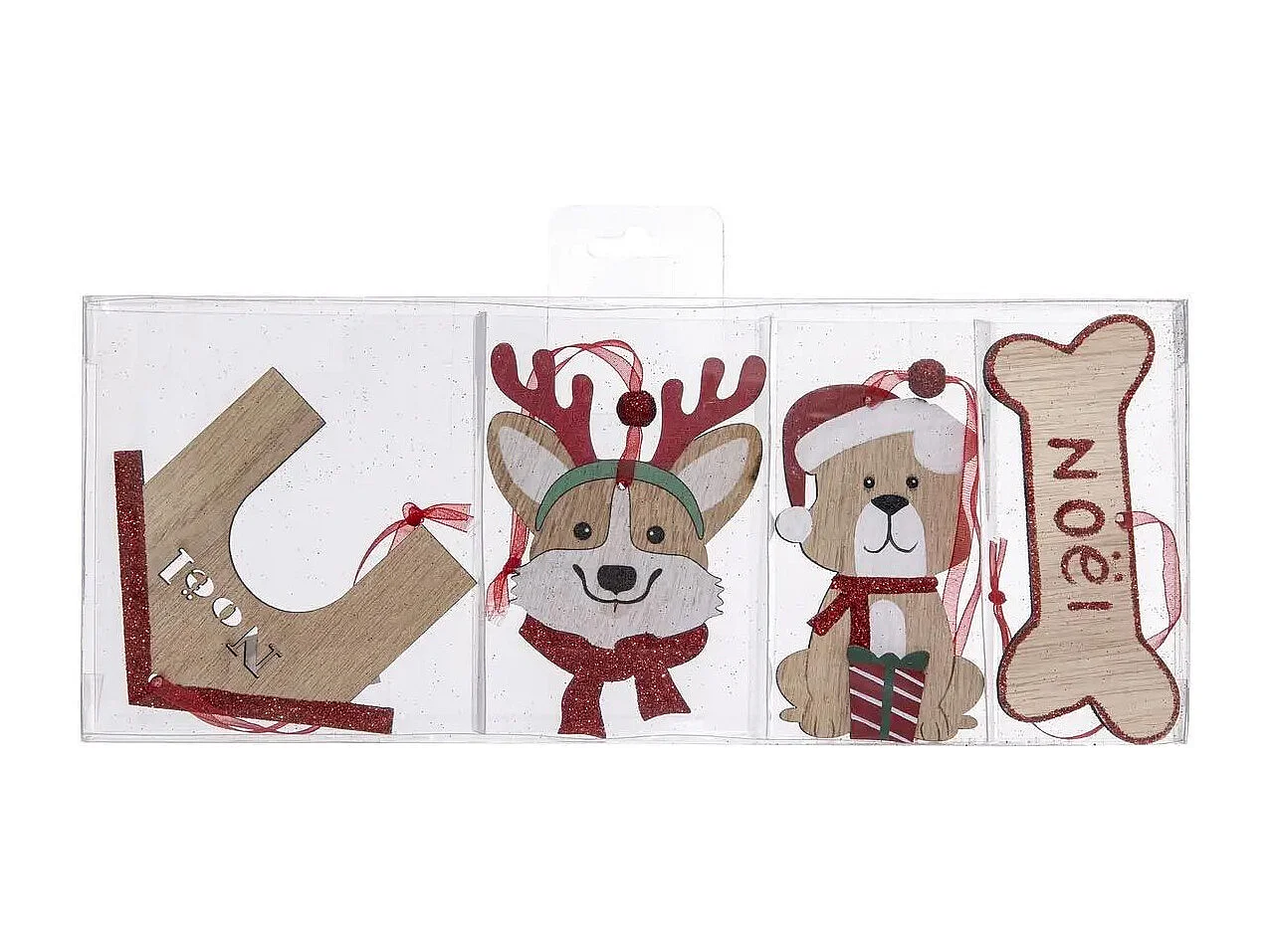 Lot de 4 Sujets de Noël "Chien" 12cm Beige & Rouge