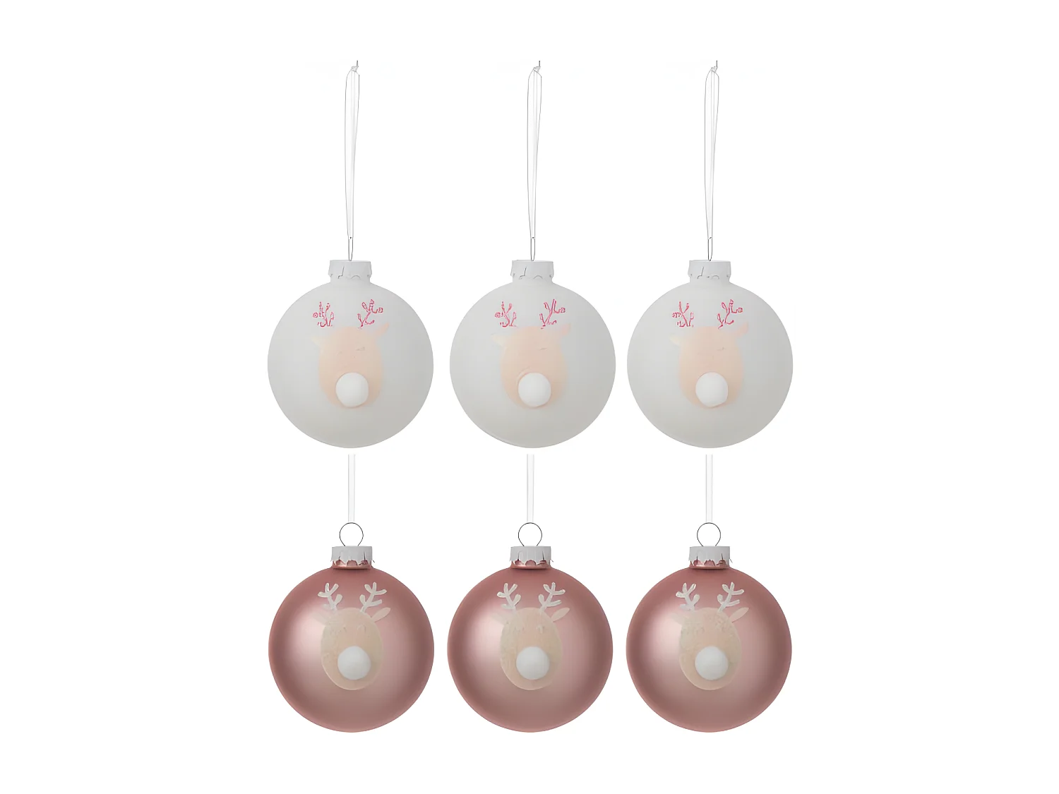 Lot de 6 Boules de Noël "Rennes" 8cm Rose & Blanc