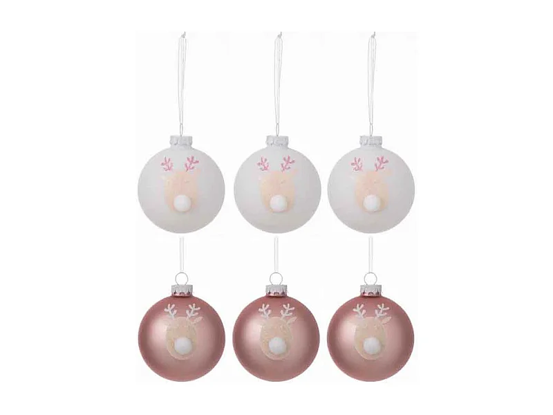 Scatola di 6 palline di Natale in vetro rosa 9.5x8.5x10 cm