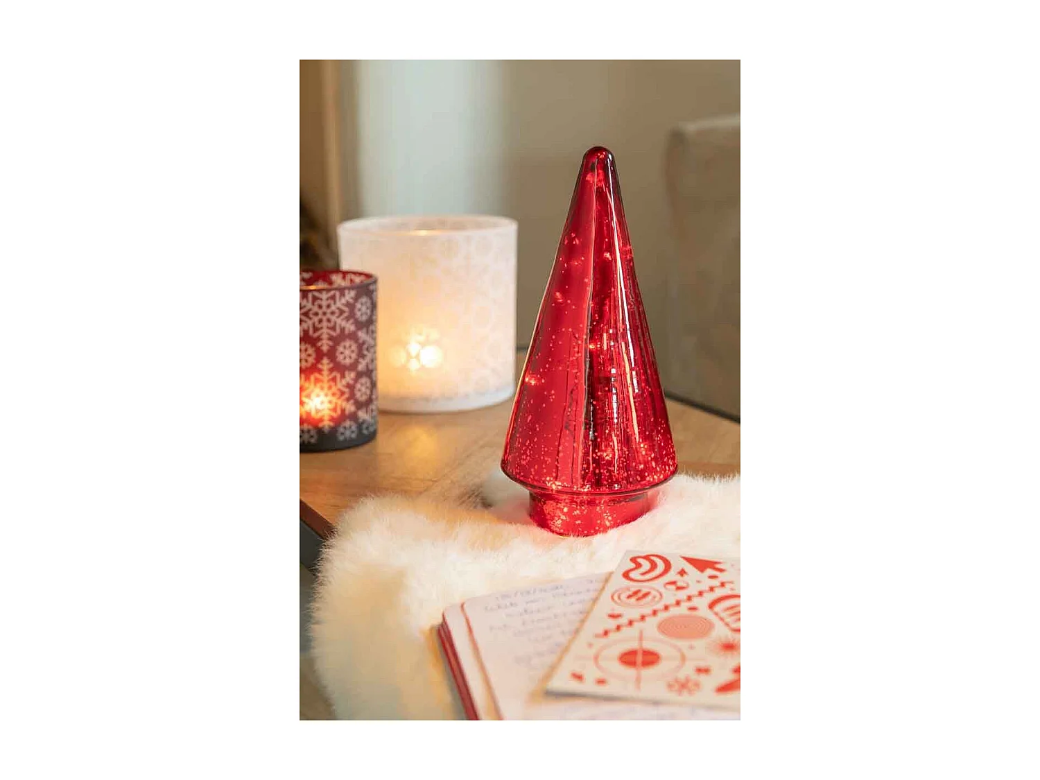 Albero di Natale decorativo a led in vetro rosso 10x10x24 cm