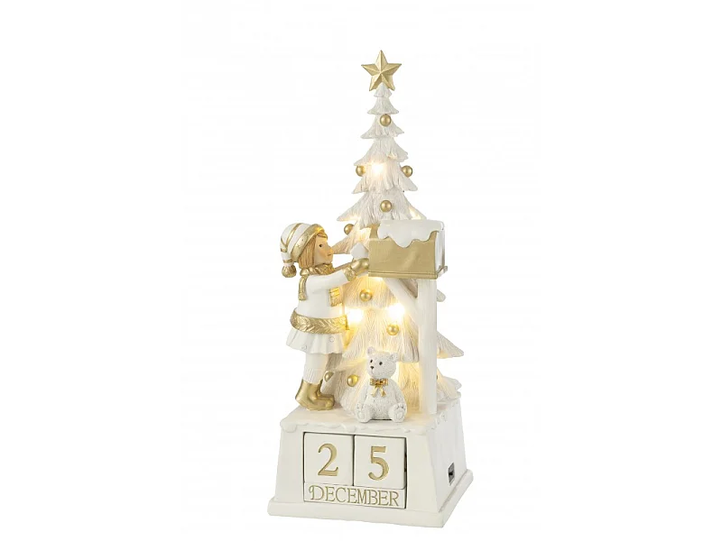Calendario de Adviento con luces LED en PVC blanco y dorado de 18x49cm.