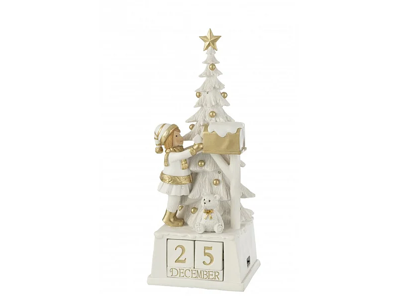 Calendario de Adviento con luces LED en PVC blanco y dorado de 18x49cm.