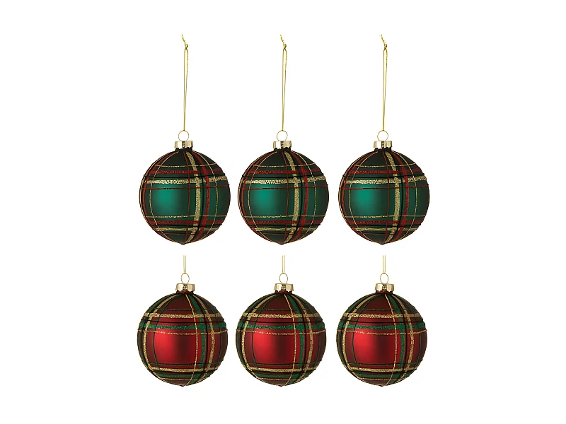 Lot de 6 Boules de Noël "Quadrillé" 8cm Vert & Rouge