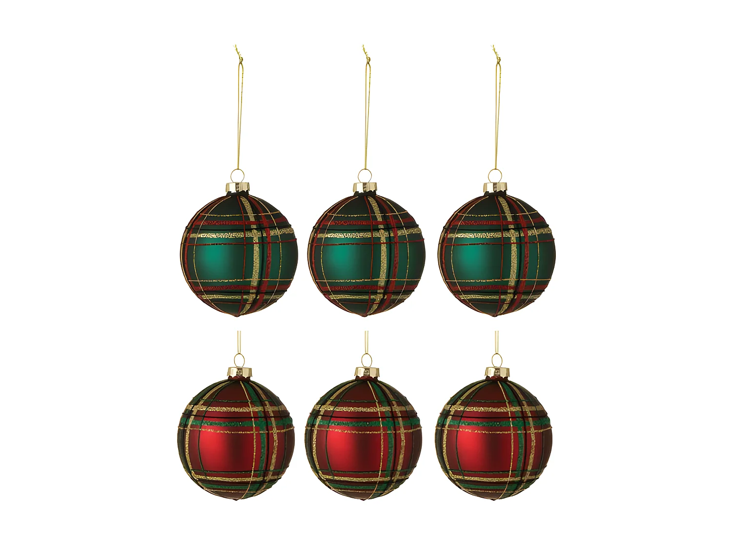 Lot de 6 Boules de Noël "Quadrillé" 8cm Vert & Rouge