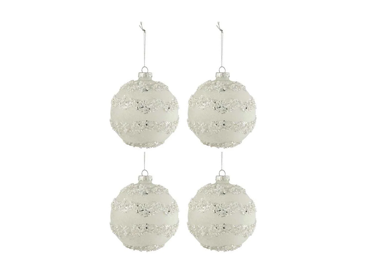 Lot de 4 Boules de Noël "Lignes Paillettes" 10cm Blanc