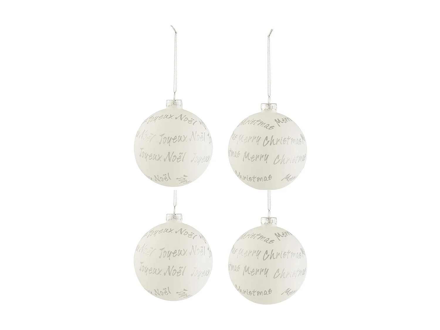 Lot de 4 Boules de Noël "Xmas" 10cm Blanc & Argent