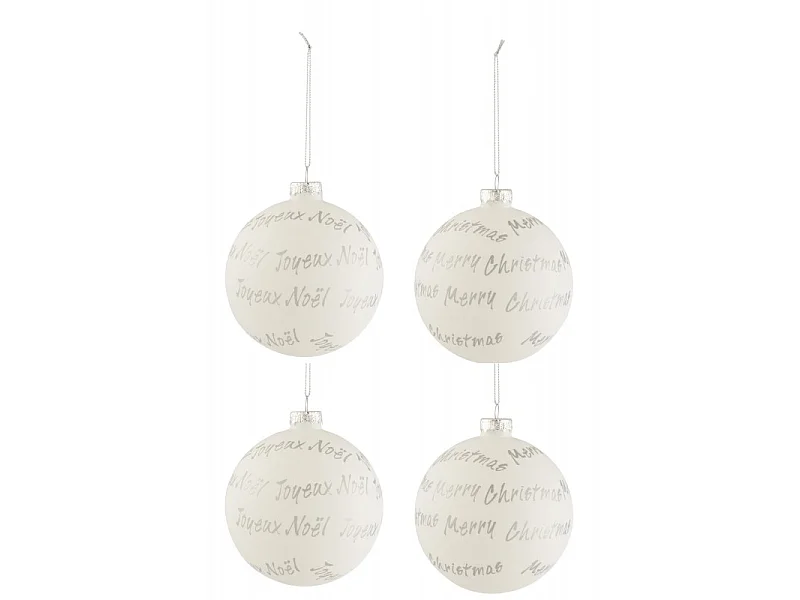 Lot de 4 Boules de Noël "Xmas" 10cm Blanc & Argent