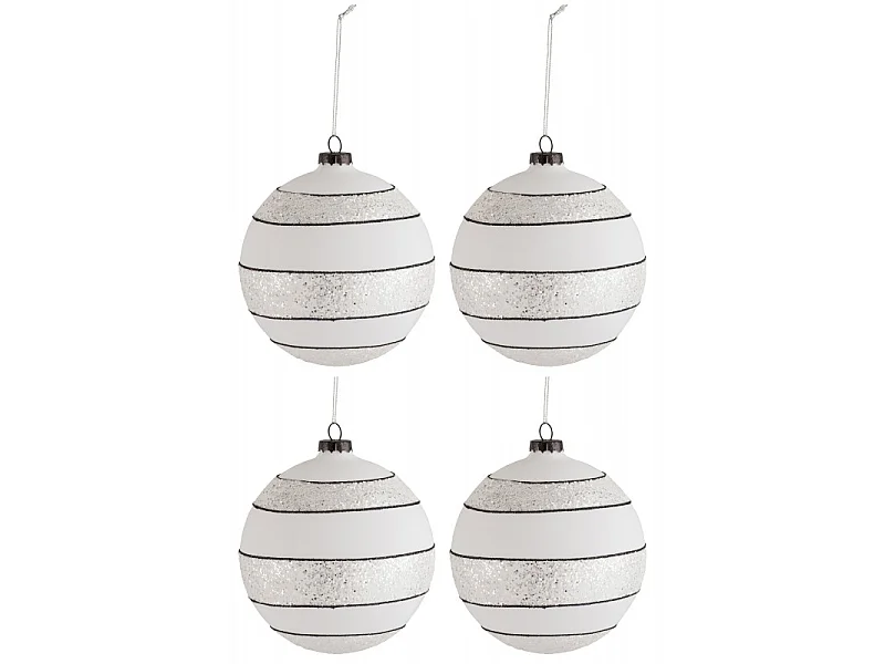 Lot de 4 Boules de Noël "Paillettes Lignes" 10cm Blanc