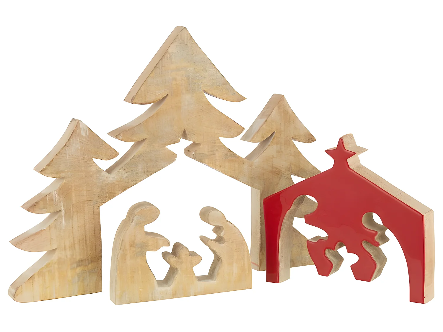 Statuette Déco Bois "Puzzle Nativité" 55cm Rouge