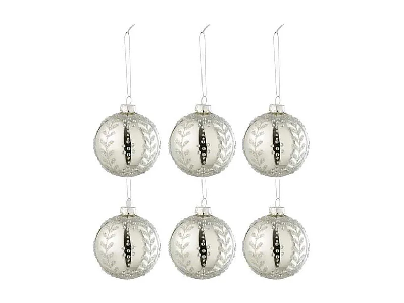 Lot de 6 Boules de Noël "Feuilles Paillettes" 8cm Argent