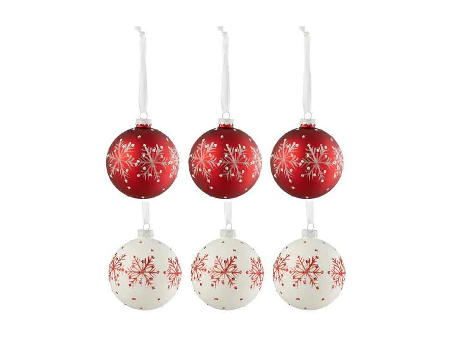 Caja de 6 bolas de Navidad de vidrio blanco - rojo 8.5x8.5x10 cm