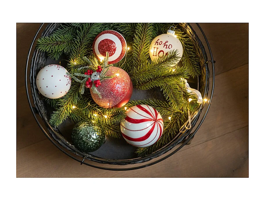 Caja de 6 bolas de Navidad de vidrio blanco - rojo 8.5x8.5x10 cm