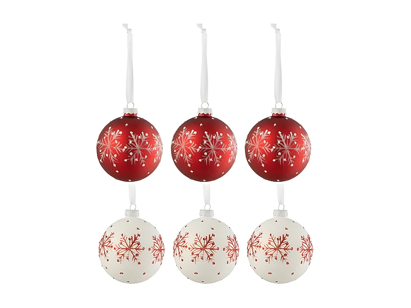 Lot de 6 Boules de Noël "Flocons de Neige" 8cm Blanc & Rouge