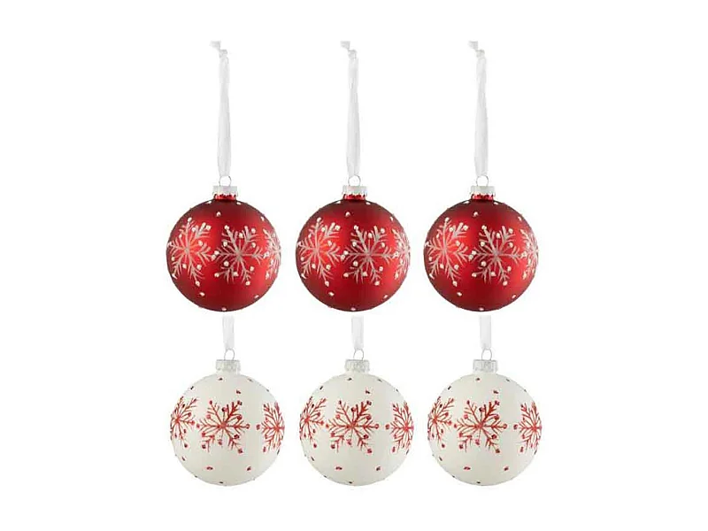 Scatola di 6 palline di Natale in vetro bianco - rosso 8x8x8 cm