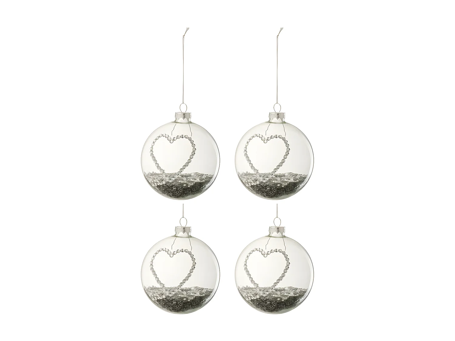 Lot de 4 Boules de Noël "Cœur Strass" 10cm Argent