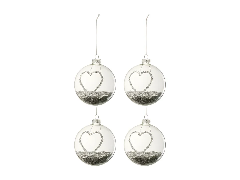 Lot de 4 Boules de Noël "Cœur Strass" 10cm Argent