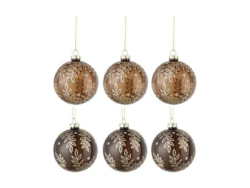 Lot de 6 Boules de Noël "Feuilles" 8cm Beige & Marron