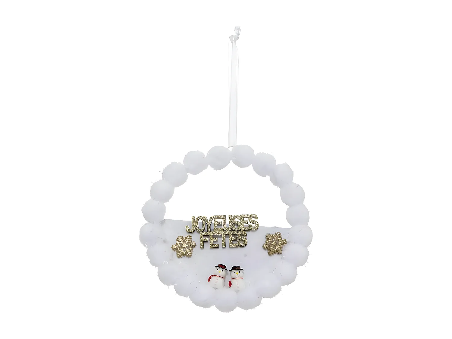 Sujet de Noël "Couronne Pompons" 14cm Blanc