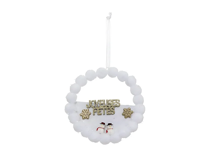Sujet de Noël "Couronne Pompons" 14cm Blanc