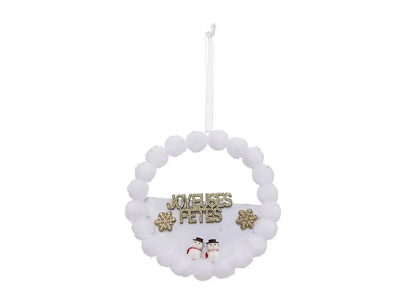 Sujet de Noël "Couronne Pompons" 14cm Blanc