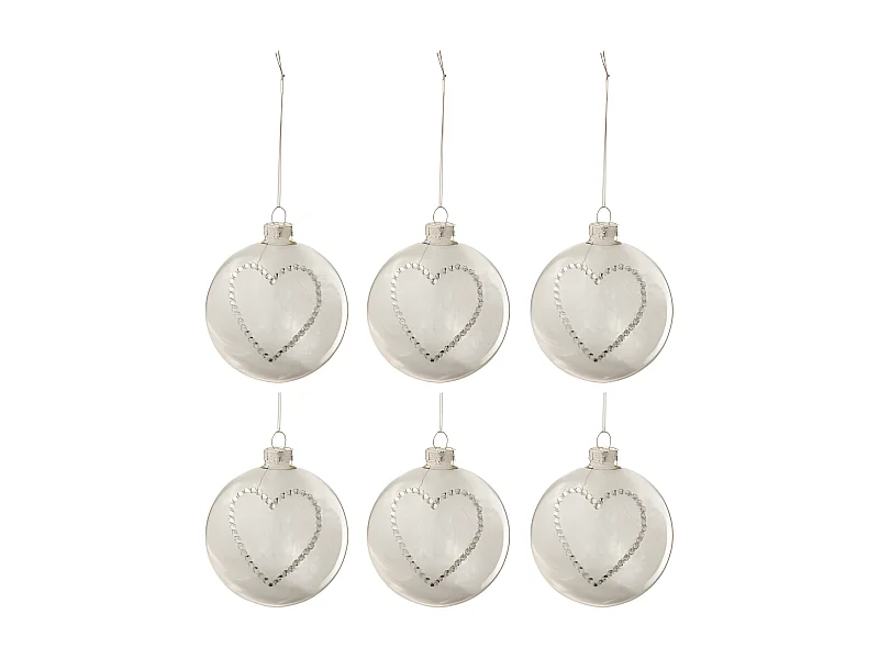 Lot de 6 Boules de Noël "Cœur Strass" 8cm Blanc