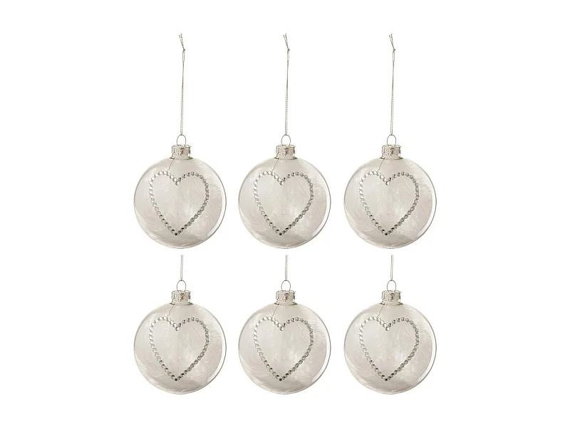 Lot de 6 Boules de Noël "Cœur Strass" 8cm Blanc