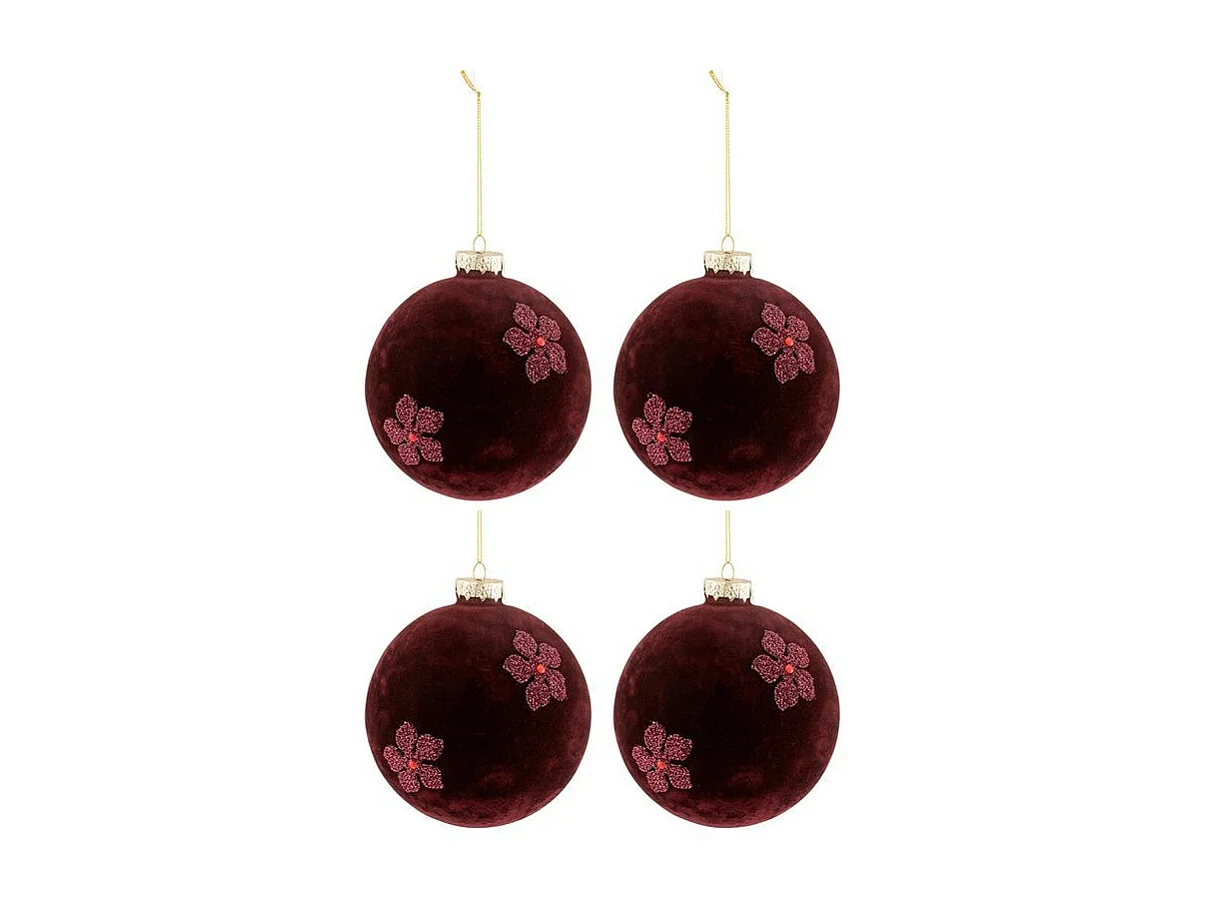 Lot de 4 Boules de Noël "Fleurs Velours" 12cm Rouge