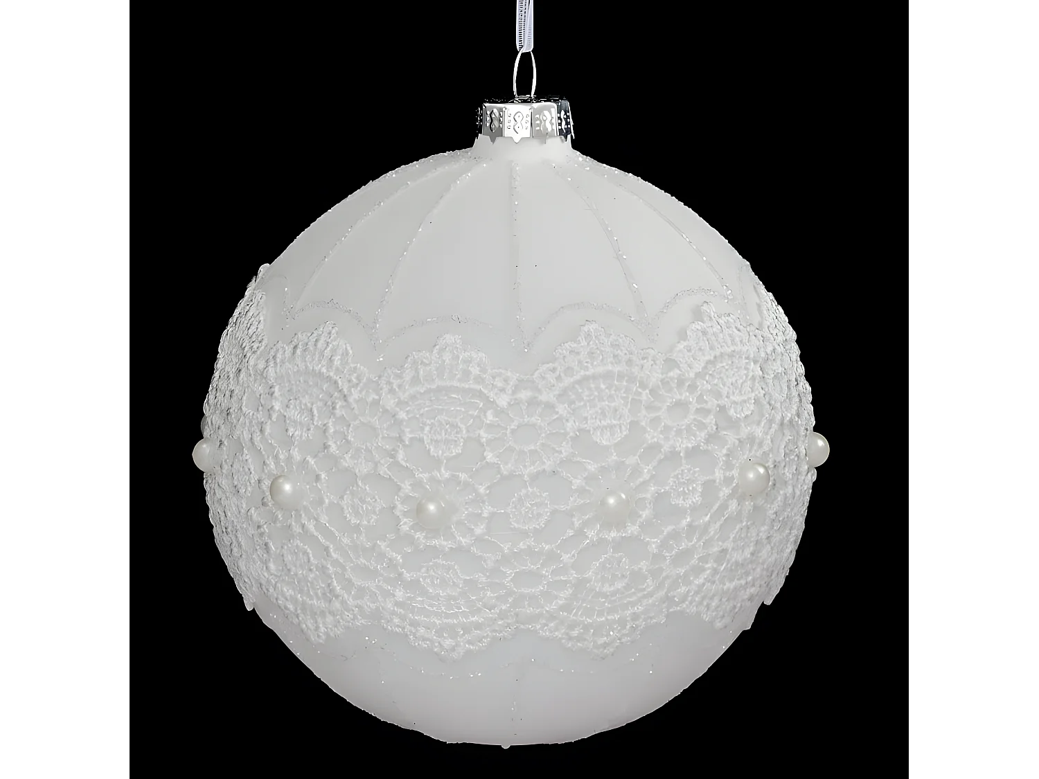 Boule de Noël en Verre "Dentelle Perle" 10cm Blanc