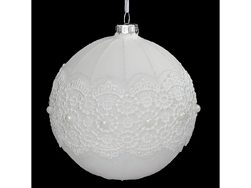 Boule de Noël en Verre "Dentelle Perle" 10cm Blanc