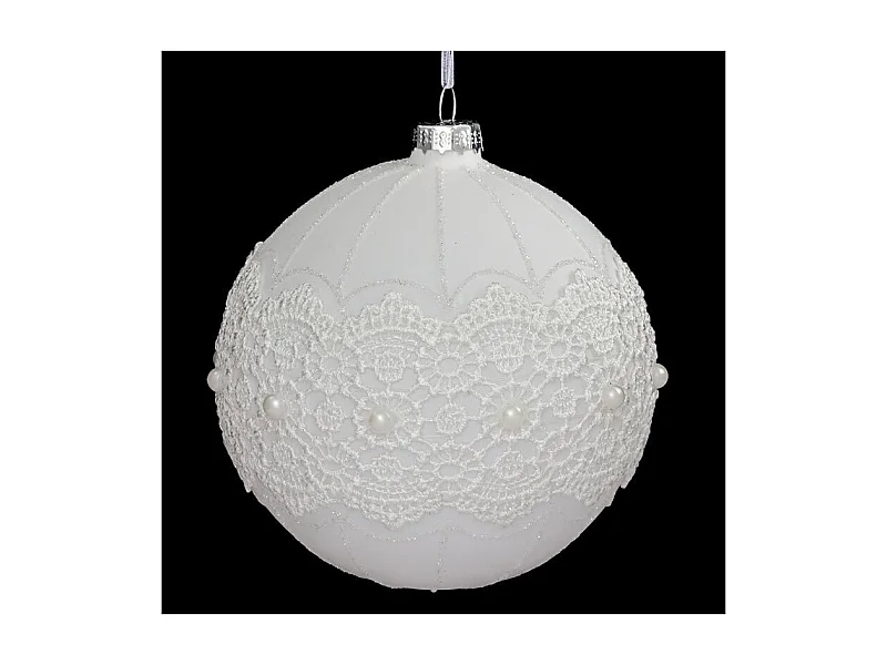 Boule de Noël en Verre "Dentelle Perle" 10cm Blanc